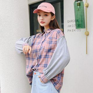 Two-tone Plaid Shirt Plaid - Pink - One Size