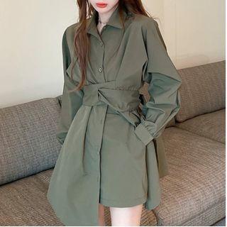 Set: Long-sleeve Tie-waist Mini Shirt + Shorts
