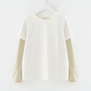 Striped Long Sleeve Mock Two-piece T-shirt