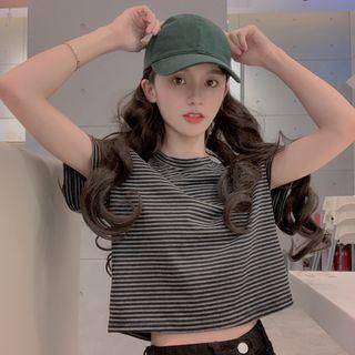 Short-sleeve Striped T-shirt Stripe - Gray & Black - One Size