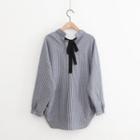 Bow Long-sleeved Loose-fit Collared Striped Blouse