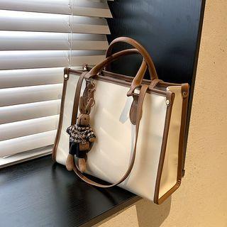 Contrast Trim Faux Leather Canvas Tote Bag