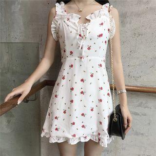 Frilled Trim Floral Print Sleeveless Dress