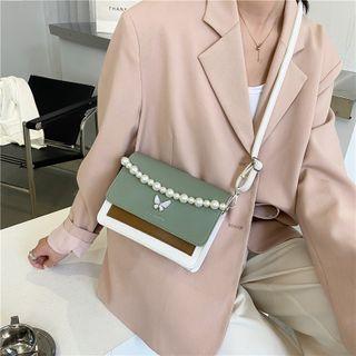 Faux Pearl Color Block Flap Crossbody Bag