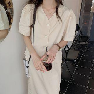 Short-sleeve Collarless Single-breasted Crop Shirt / Midi Skirt
