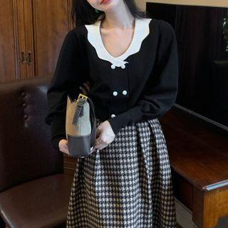 Long-sleeve Contrast Collar Double-breasted Knit Top / Houndstooth Pleated Midi A-line Skirt