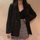 Button Blazer / Plain Camisole / Mini A-line Plaid Skirt