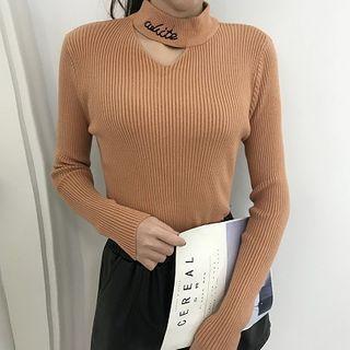 Long-sleeve Letter Embroidered Cutout Knit Top