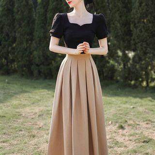 Puff-sleeve Square Neck Top / Midi A-line Skirt