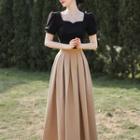 Puff-sleeve Square Neck Top / Midi A-line Skirt