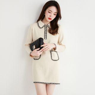 Long-sleeve Contrast Trim Knit Mini Sheath Polo Dress