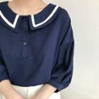 Elbow-sleeve Contrast Trim Collar Blouse