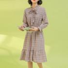 Long-sleeve Plaid A-line Dress Plaid - Mauve - One Size