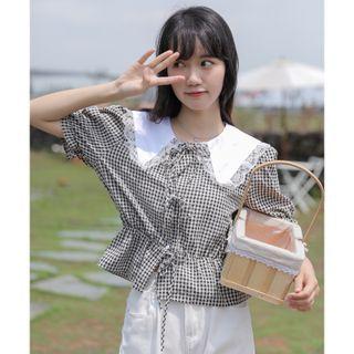 Short-sleeve Gingham Blouse Gingham - Black - One Size