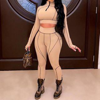 Set: Mock-neck Contrast Stitching Crop Top + Leggings