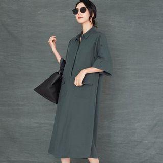 Elbow-sleeve Long Shirtdress
