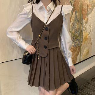 Ruffled Shirt / Pleated Mini A-line Overall Dress