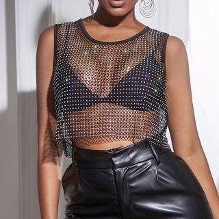 Sleeveless Rhinestone Mesh Crop Top