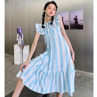 Ruffle Trim Striped Midi A-line Dress