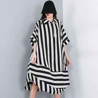 Elbow-sleeve Striped Shirt Dress Stripes - Black & White - One Size