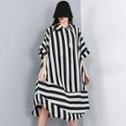 Elbow-sleeve Striped Shirt Dress Stripes - Black & White - One Size
