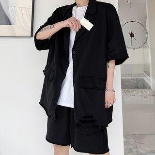 Set: Elbow-sleeve Distressed Blazer + Shorts