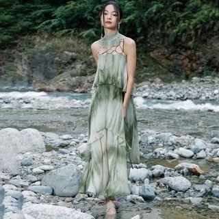 Sleeveless Tie Dye Tiered Maxi A-line Dress Green - One Size