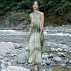 Sleeveless Tie Dye Tiered Maxi A-line Dress Green - One Size