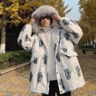 Furry-trim Print Hooded Padded Jacket