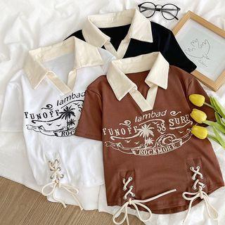 Short-sleeve V-neck Print Lace Up Cropped T-shirt