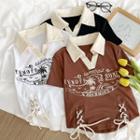 Short-sleeve V-neck Print Lace Up Cropped T-shirt