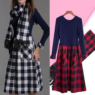 Plaid Panel Long-sleeve A-line Dress With Scarf
