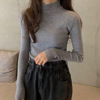 Plain Mock Neck Ribbed Knit Top