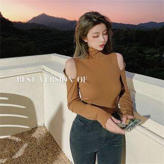 Long-sleeve Turtleneck Cold-shoulder Top