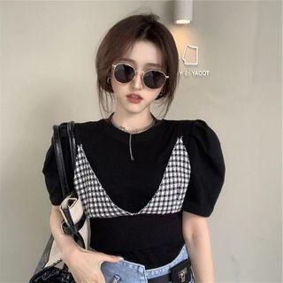 Set: Short-sleeve T-shirt + Plaid Cropped Camisole Top