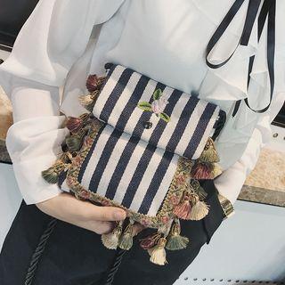 Tasseled Striped Canvas Shoulder Bag