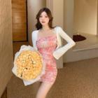 Spaghetti-strap Print Mini Sheath Dress / Cardigan