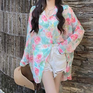 Long-sleeve Flower Print Chiffon Blouse As Figure - One Size