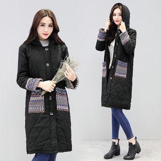 Print Panel Buttoned Coat Black - One Size