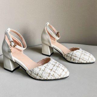 Tweed Panel Ankle Strap Block Heel Dorsay Pumps