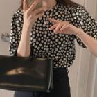 Elbow-sleeve Floral Print Knit Top Black - One Size