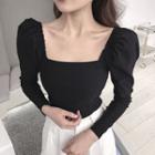 Square-neck Long-sleeve Slim-fit Blouse Black - One Size