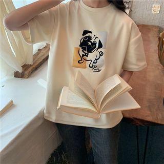 Elbow-sleeve Bulldog Print T-shirt