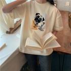 Elbow-sleeve Bulldog Print T-shirt