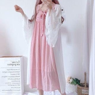 Chiffon Open Front Long Jacket / Lace-up Midi Spaghetti Strap Dress