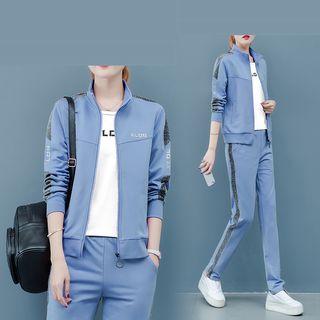 Set: Short-sleeve T-shirt + Contrast Trim Zip Jacket + Pants