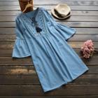 Embroidered 3/4-sleeve Denim Dress Denim Blue - One Size