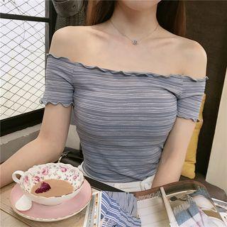 Striped Off-shoulder Slim-fit Short-sleeve Top