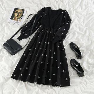 Long-sleeve Floral Embroidered Midi A-line Corduroy Dress Black - One Size