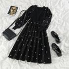 Long-sleeve Floral Embroidered Midi A-line Corduroy Dress Black - One Size